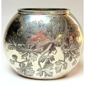 Vintage Wedgwood Interiors Pewter Oval Vase Etched Floral Vines Leaves England